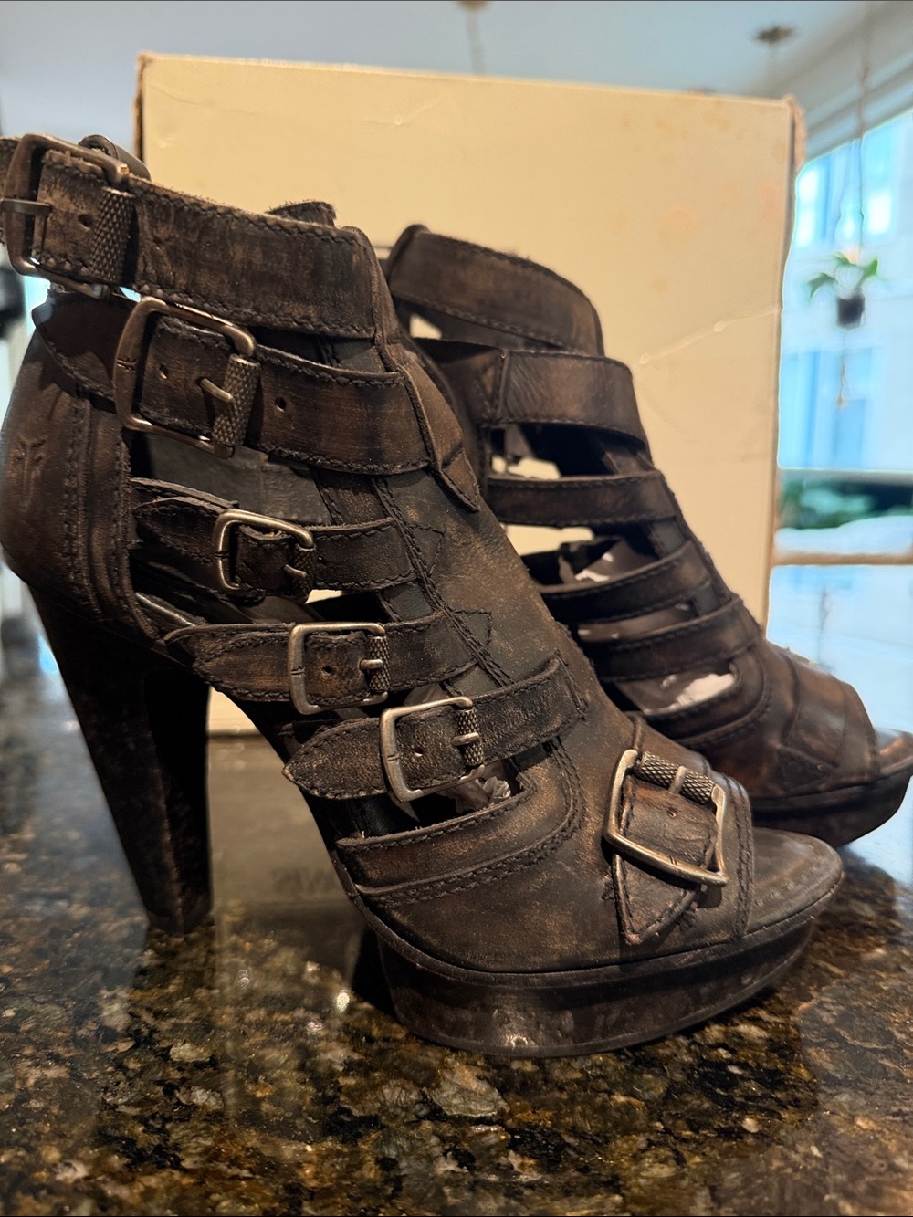 RARE…Frye Black Strappy Buckle High Heel Sandals